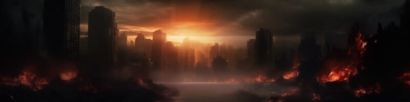 apocalyptic scene over a city with fires burning and the setting sun low in the sky