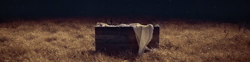 a beam of light shines through a starry sky on a manger in a field of grass