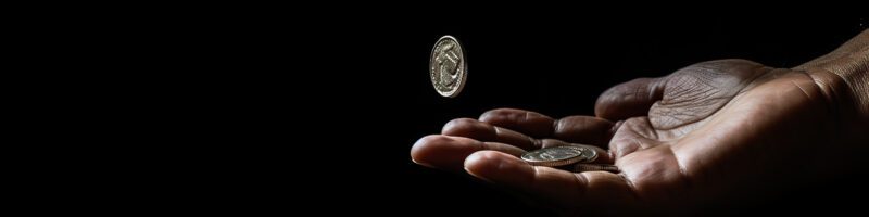 hand reaching out to catch a coin on a black background